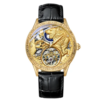 Luxo de Couro de tigre de Ouro Esqueleto Automático Relógios Mecânicos Para Homens Relógio de Pulso de Aço Inoxidável, Pulseira de Ouro, Relógio Impermeável Imagem